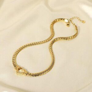 Flat Cuban Link Chunky Chain Necklace Gold Stainless Steel Hollow Heart Charms